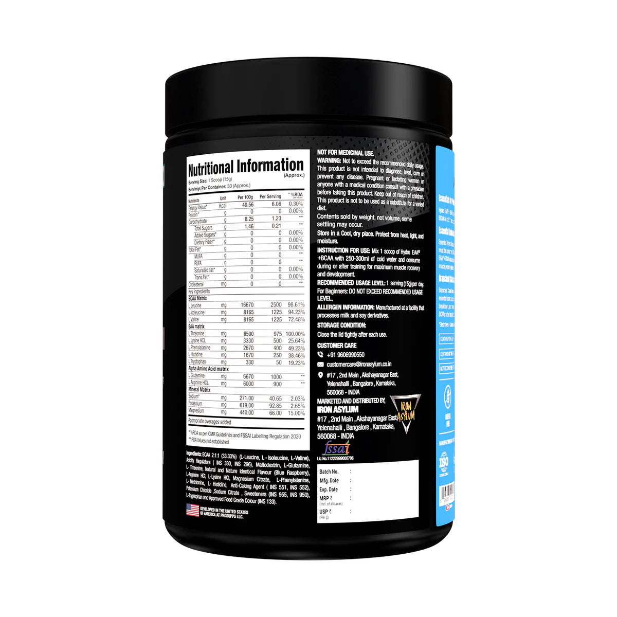 Black supplement container with nutritional information label on a white background