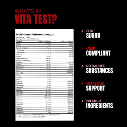 Nutritional information label for a product with key features listed on a black background.