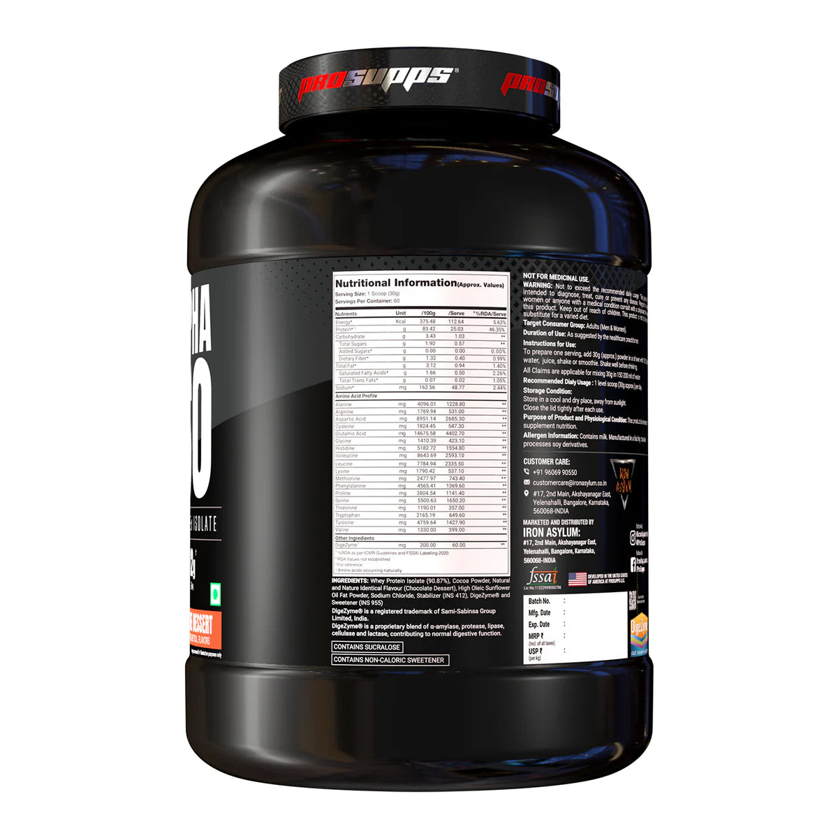 Black protein supplement container with visible label on a white background