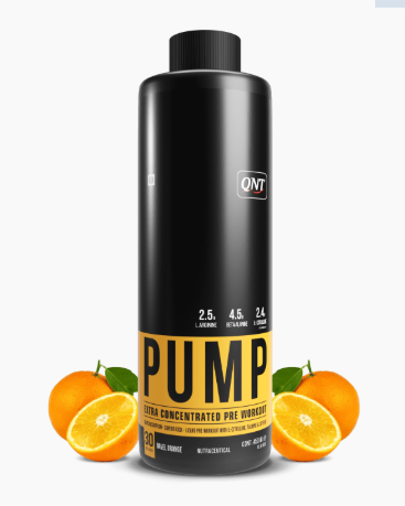 Black supplement bottle labeled 'Pump' with oranges on a white background