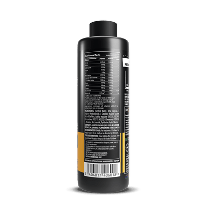 Black bottle with a detailed label on a white background