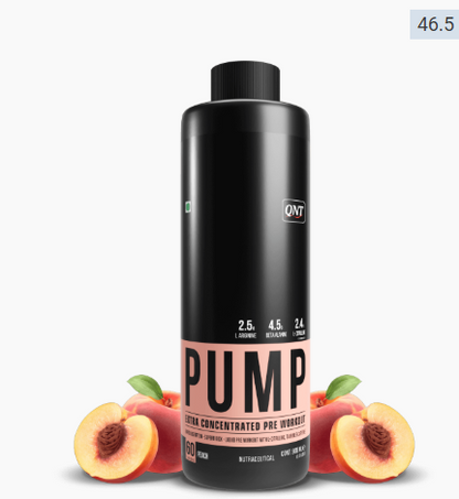 Black supplement bottle labeled 'Pump' with peach slices on a white background