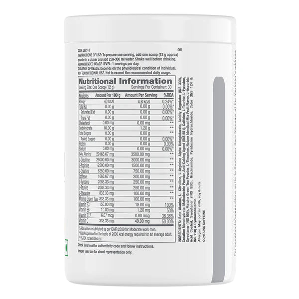 Nutritional information label on a supplement container