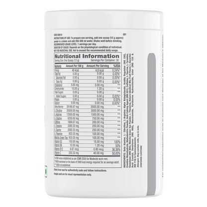 Nutritional information label on a supplement container