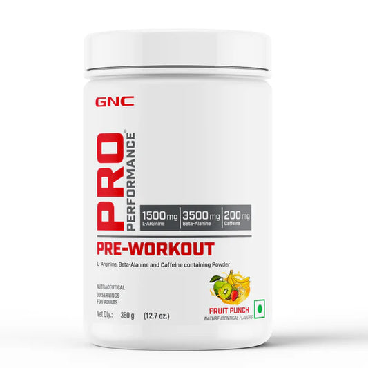 GNC Pro Performance pre-workout supplement container on a white background