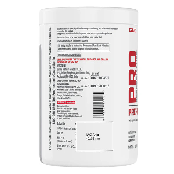 Back view of a GNC Pro Performance supplement container with text and branding.