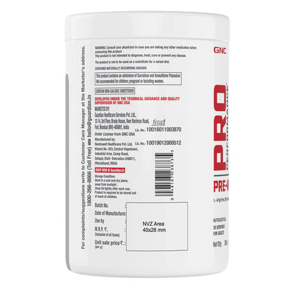 Back view of a GNC Pro Performance supplement container with text and branding.