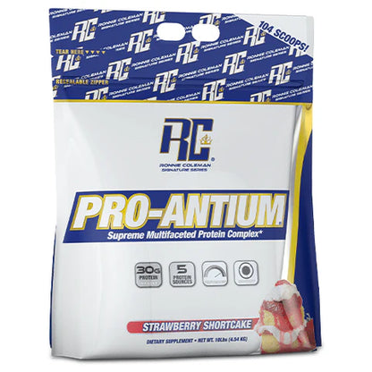 Protein powder package with 'RC' branding on a white background