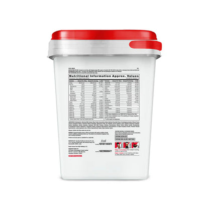 White container with red lid featuring nutritional information label on a white background