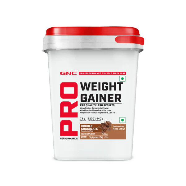 GNC Pro Performance Weight Gainer container with red lid on a white background