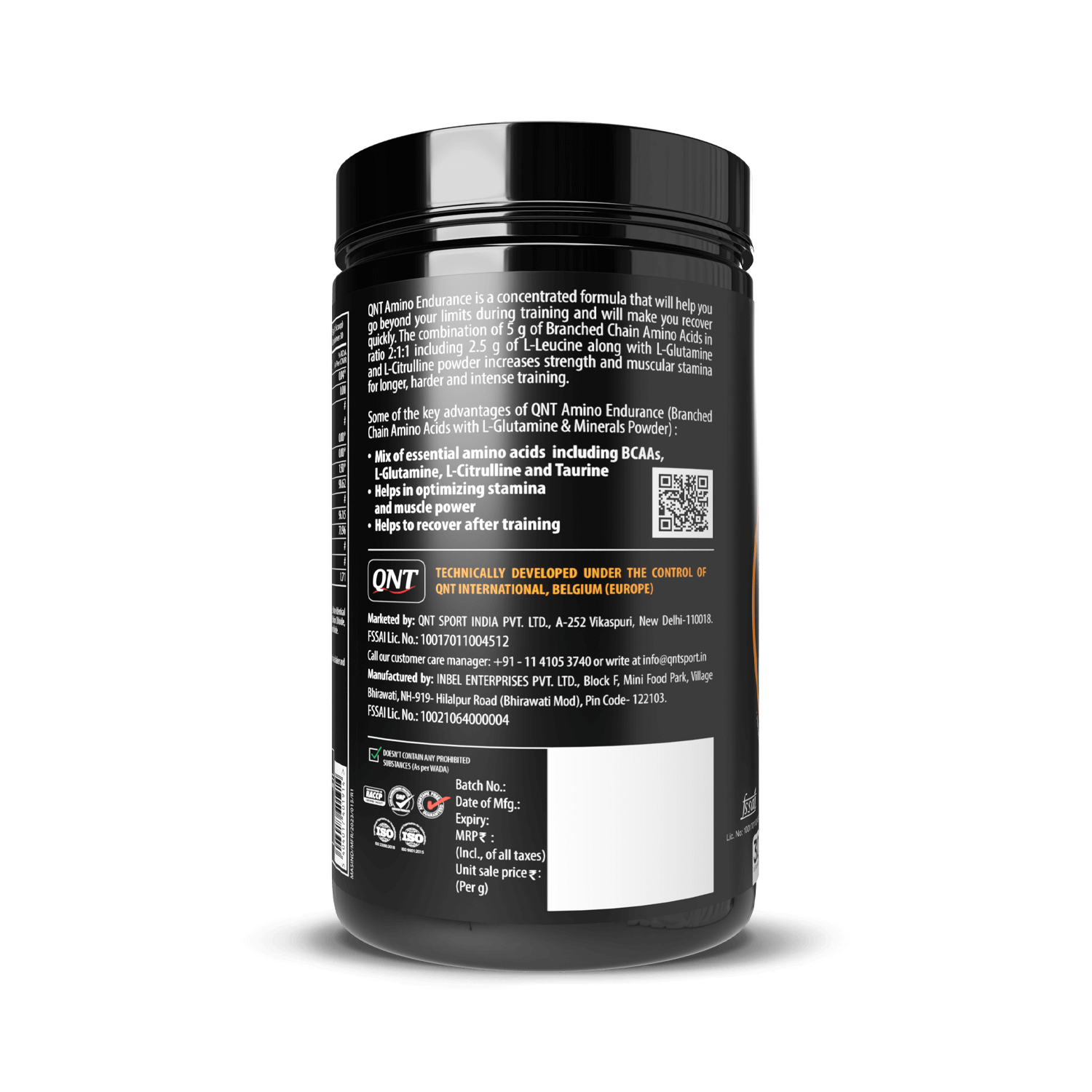 Black supplement container with white text on a black background