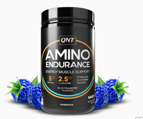 QNT Amino Endurance supplement container with blueberries on a white background