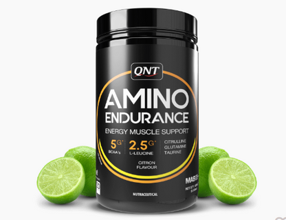QNT Amino Endurance supplement container with lime slices on a white background