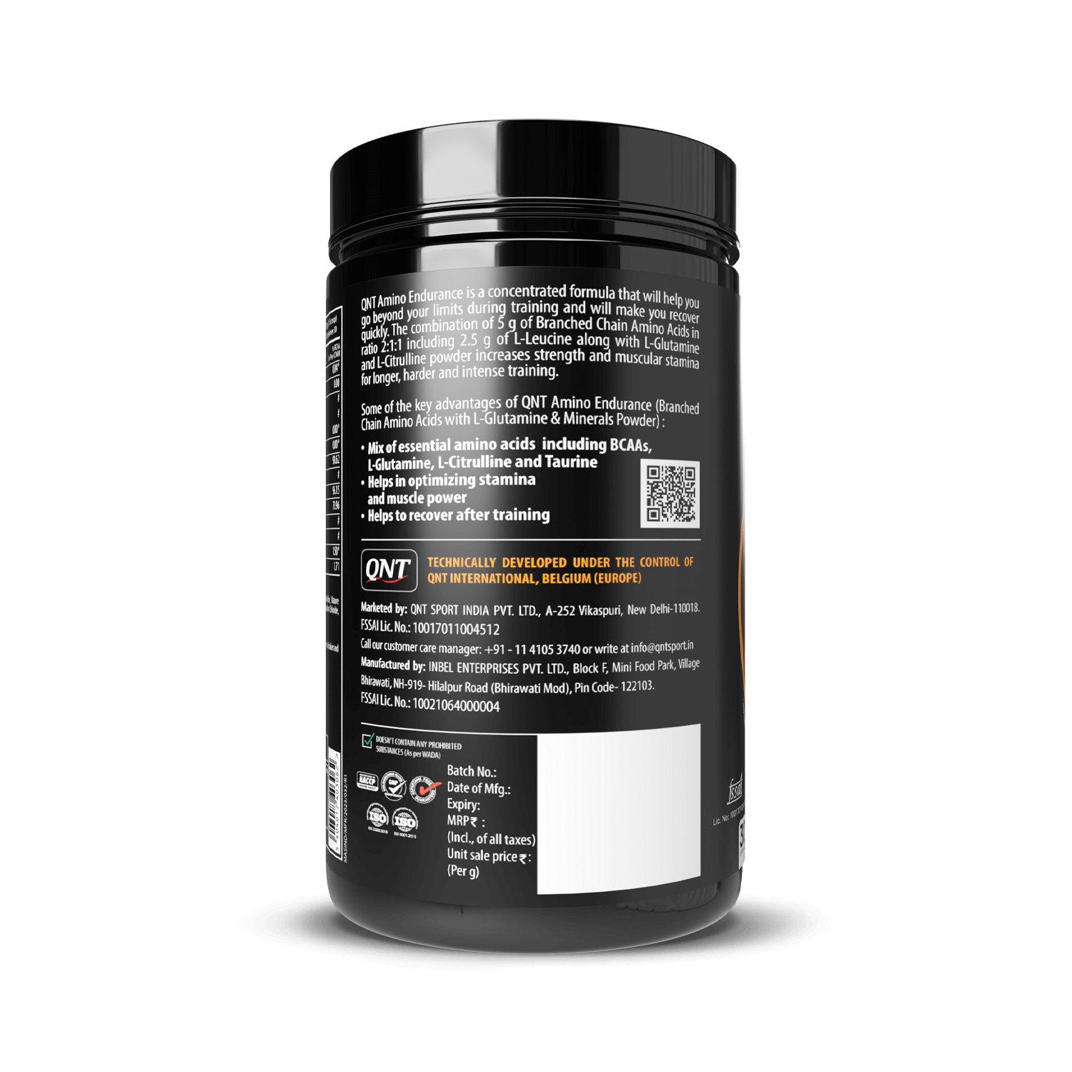 Black supplement container with white text on a black background