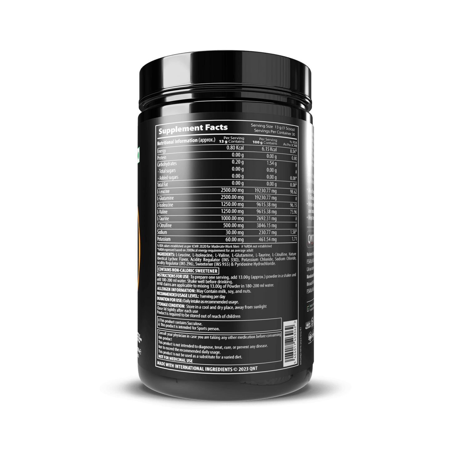 Supplement container with nutritional facts label on a black background