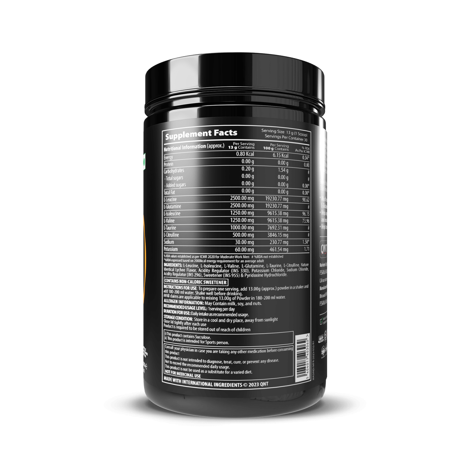 Supplement container with nutritional facts label on a black background