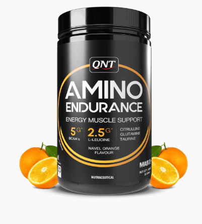 Black supplement container labeled 'Amino Endurance' with oranges on a white background