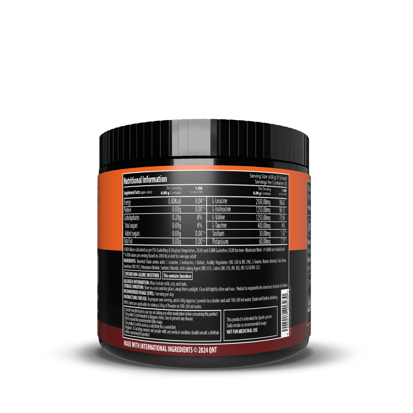 Supplement container with nutritional information label on a black background