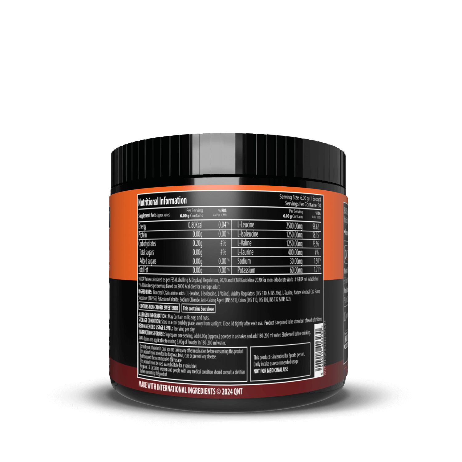 Supplement container with nutritional information label on a black background