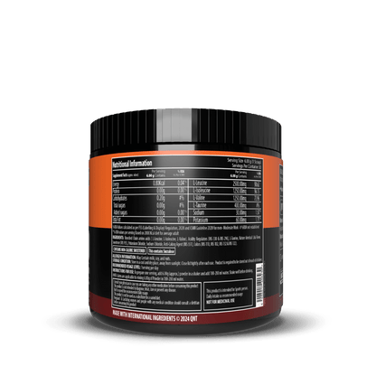 Supplement container with nutritional information label on a black background