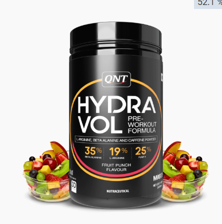 QNT Hydra Vol pre-workout supplement container with fruit punch flavor on a white background