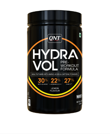 QNT Hydra Vol pre-workout supplement container on a white background