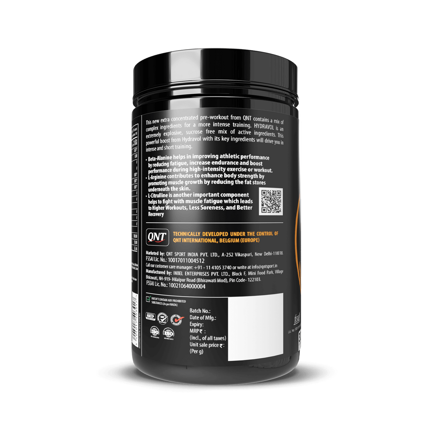 Black supplement container with white text on a black background