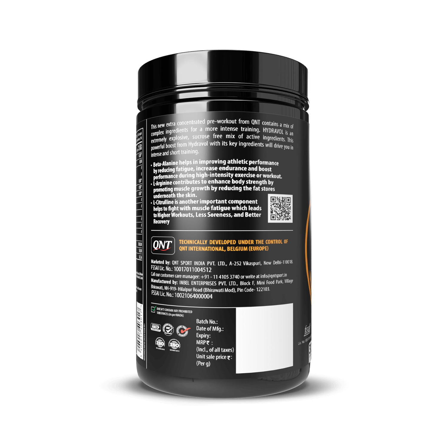 Black supplement container with white text on a black background