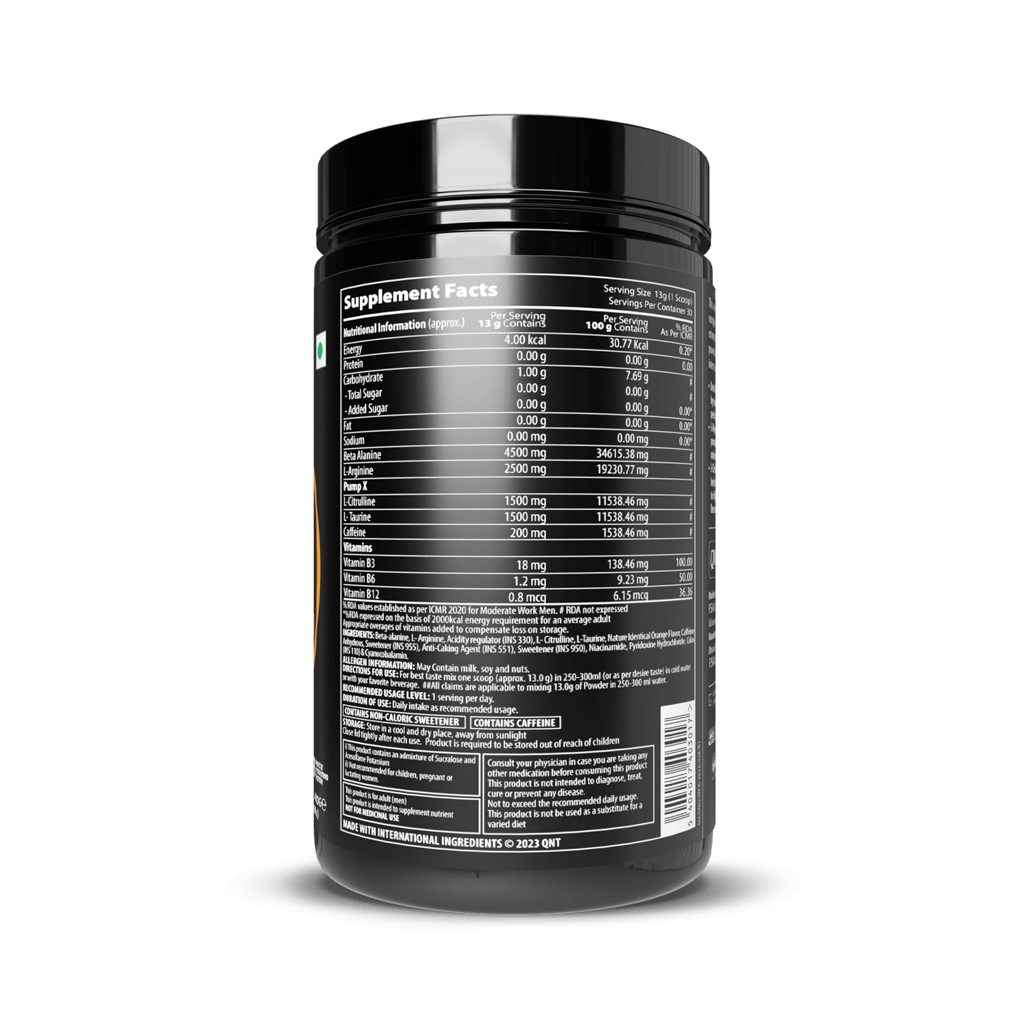 Supplement container with nutritional information label on a black background