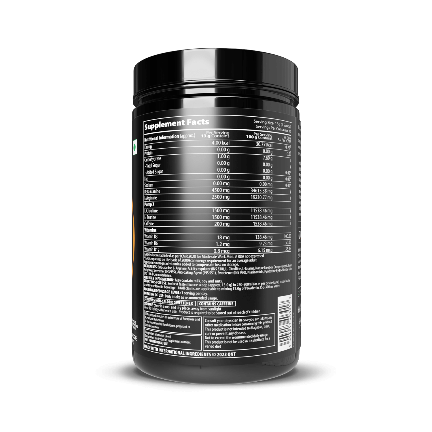 Supplement container with nutritional information label on a black background
