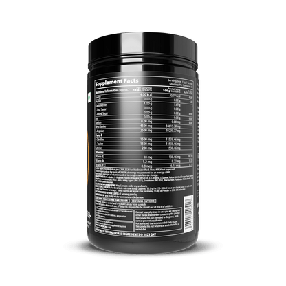 Supplement container with nutritional information label on a black background