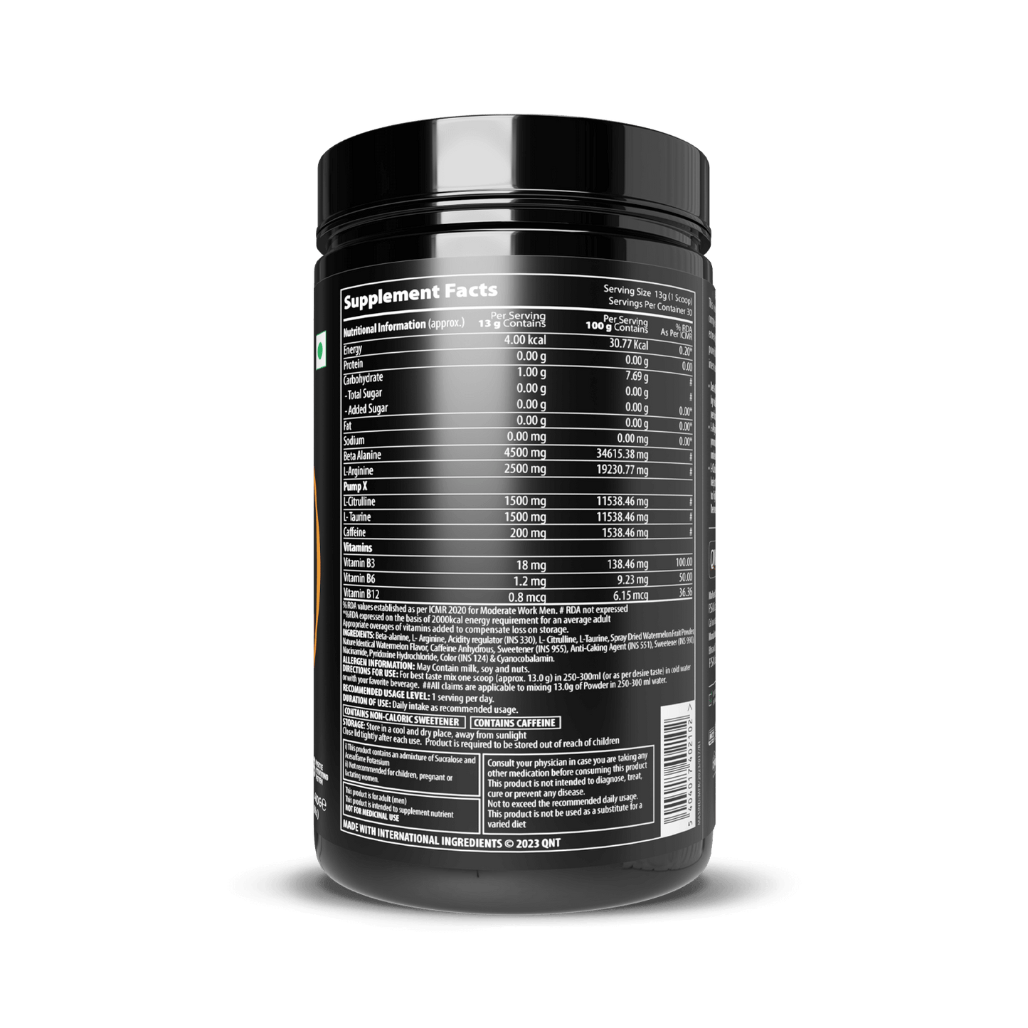 Supplement container with nutritional information label on a black background