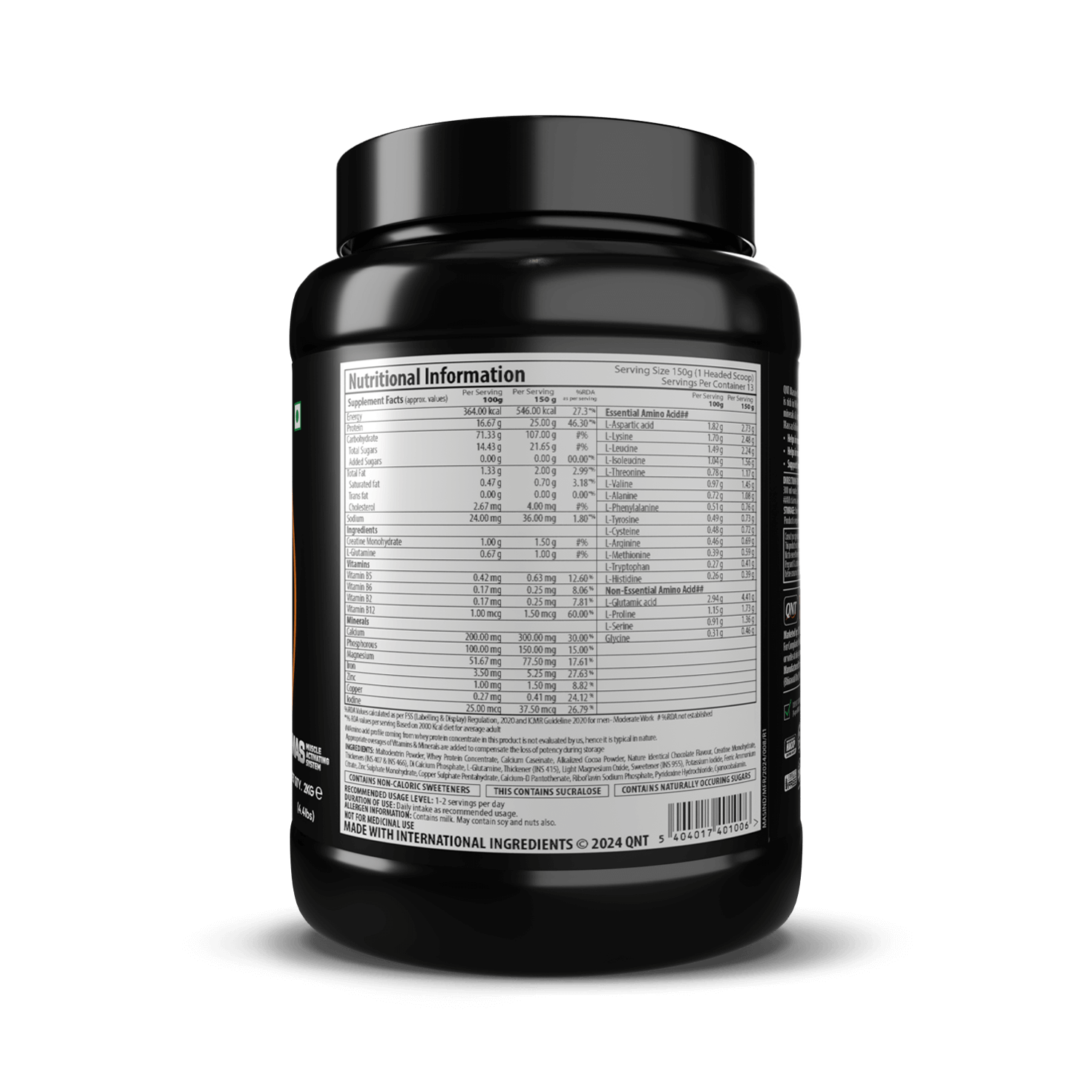 Black supplement container with nutritional information label on a black background