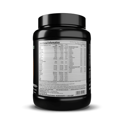 Black supplement container with nutritional information label on a black background