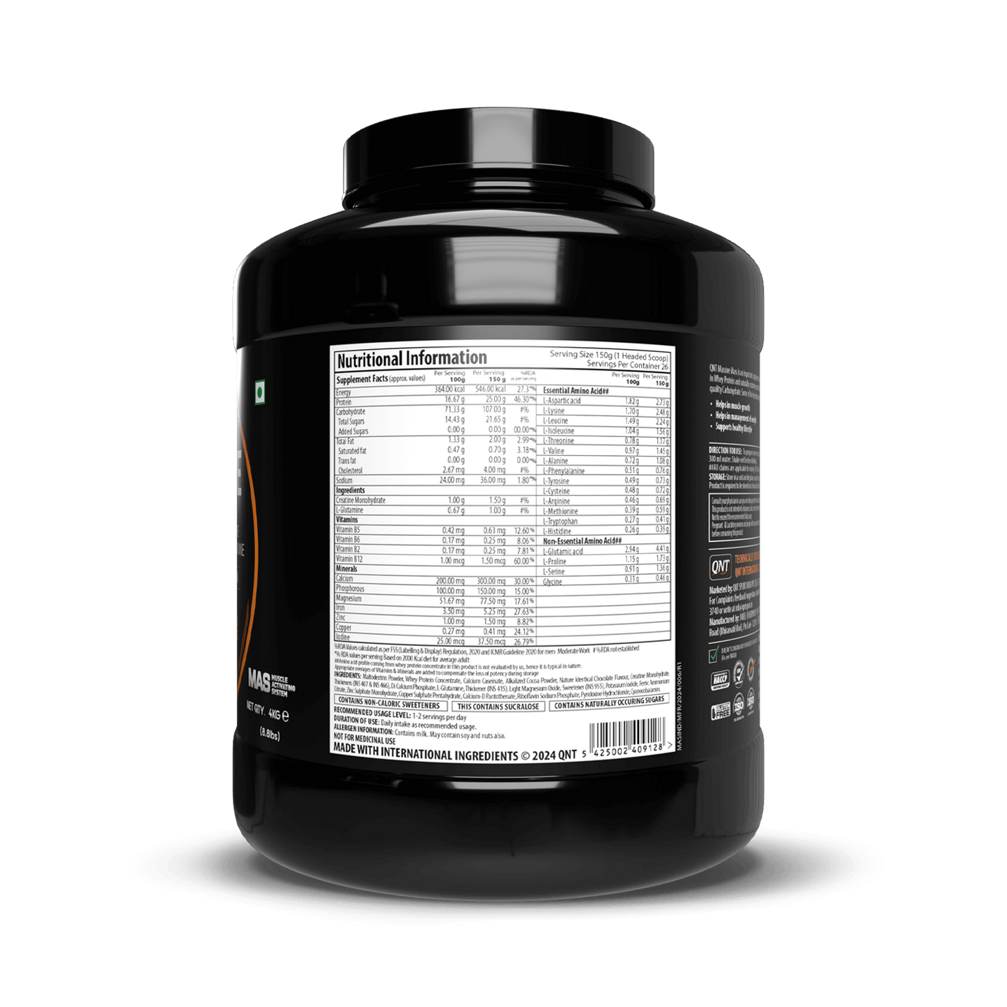 Black supplement container with nutritional information label on a black background