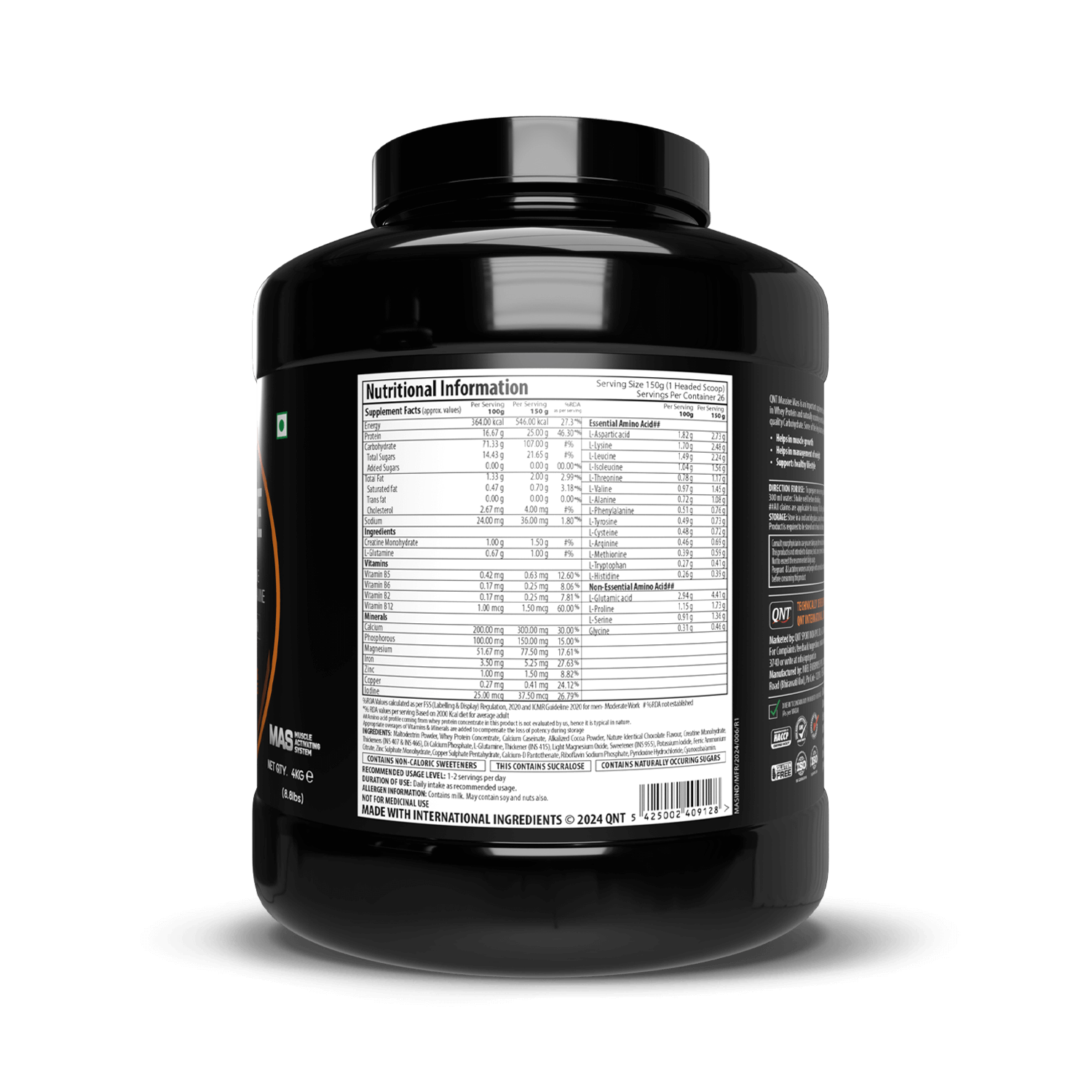 Black supplement container with nutritional information label on a black background