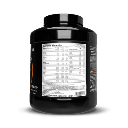 Black supplement container with nutritional information label on a black background