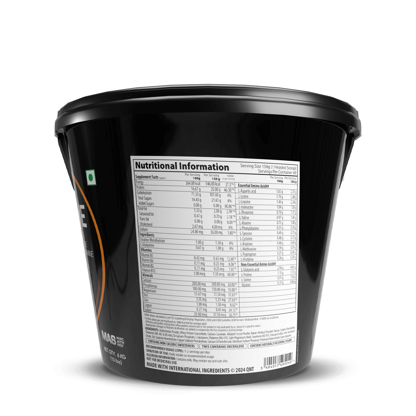 Black container with nutritional information label on a white background