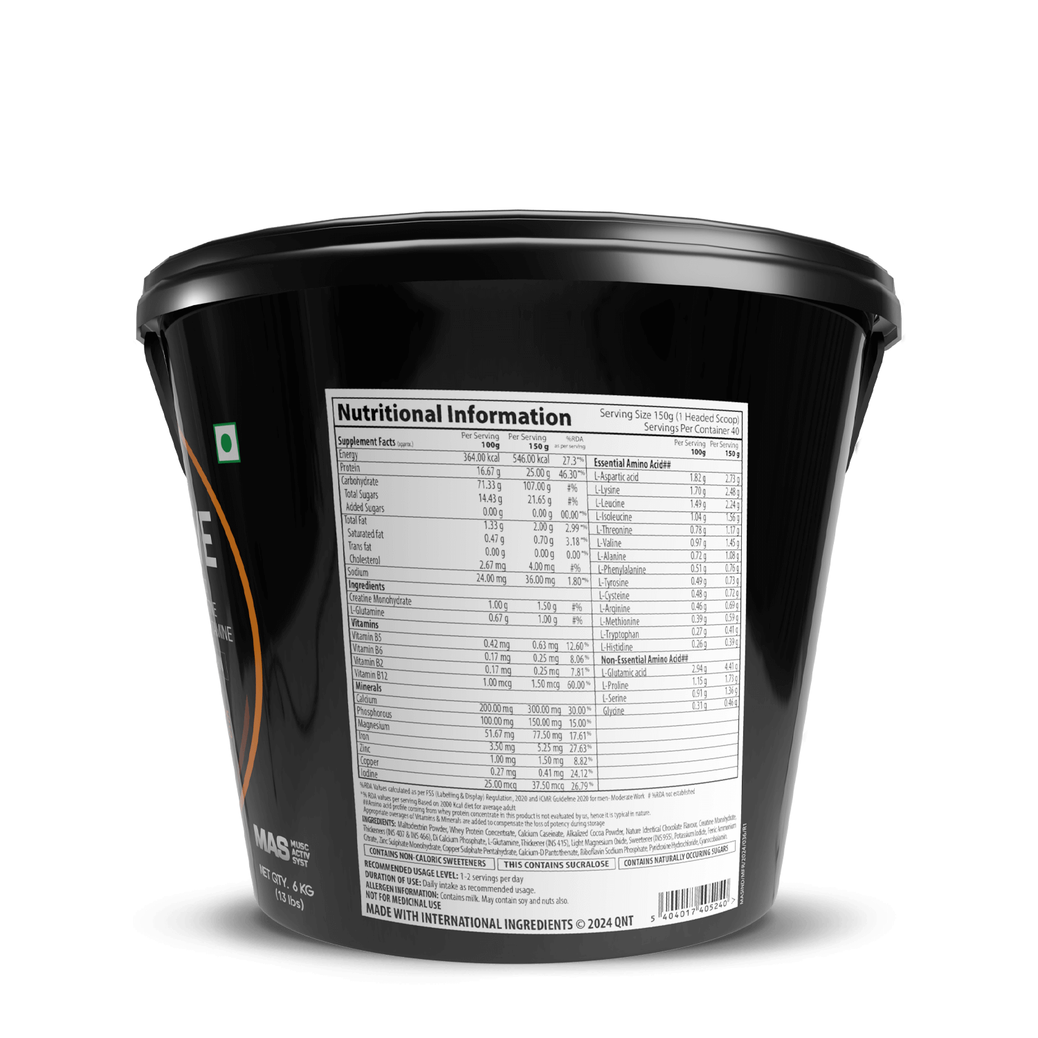 Black container with nutritional information label on a white background