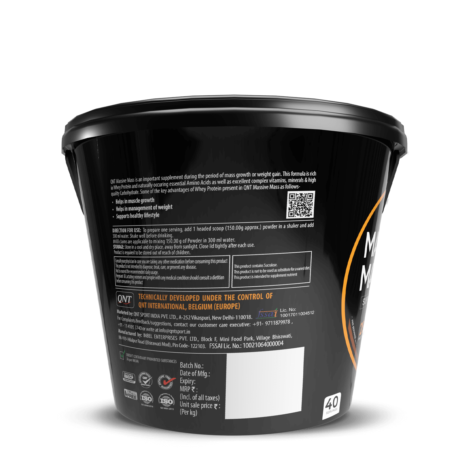 Back view of a supplement container with text and branding on a black background