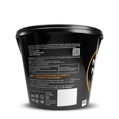 Back view of a supplement container with text and branding on a black background