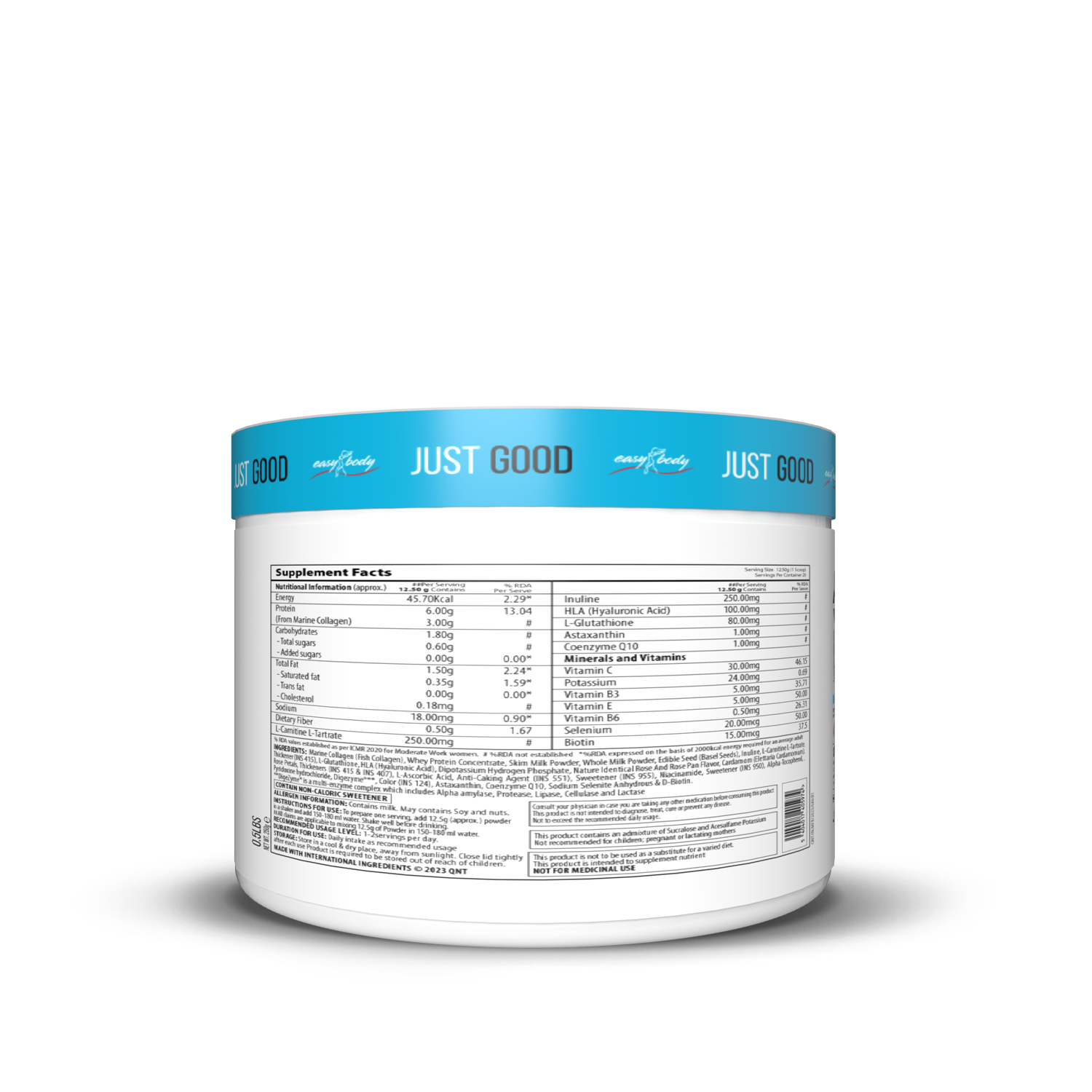 Supplement container with 'JUST GOOD' branding on a white background