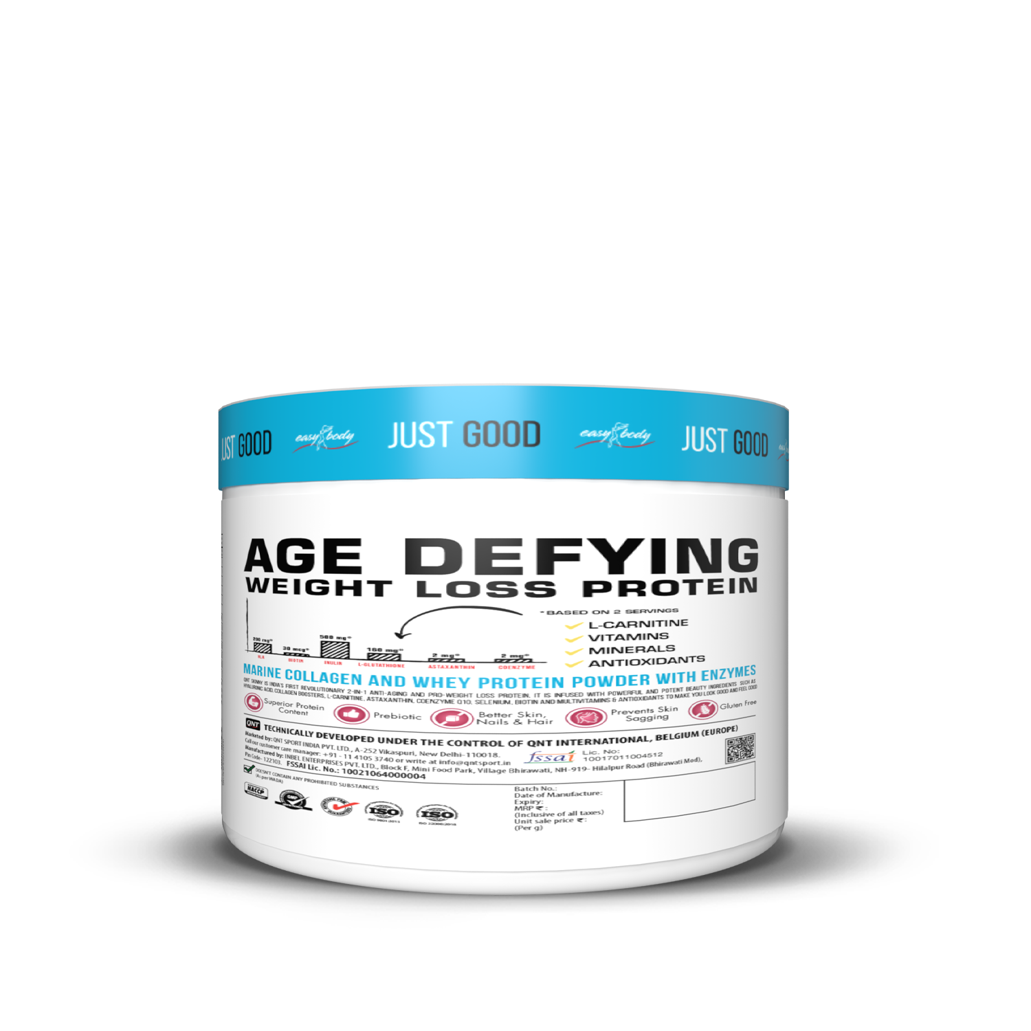 Protein powder container labeled 'Age Defying Weight Loss Protein' on a white background