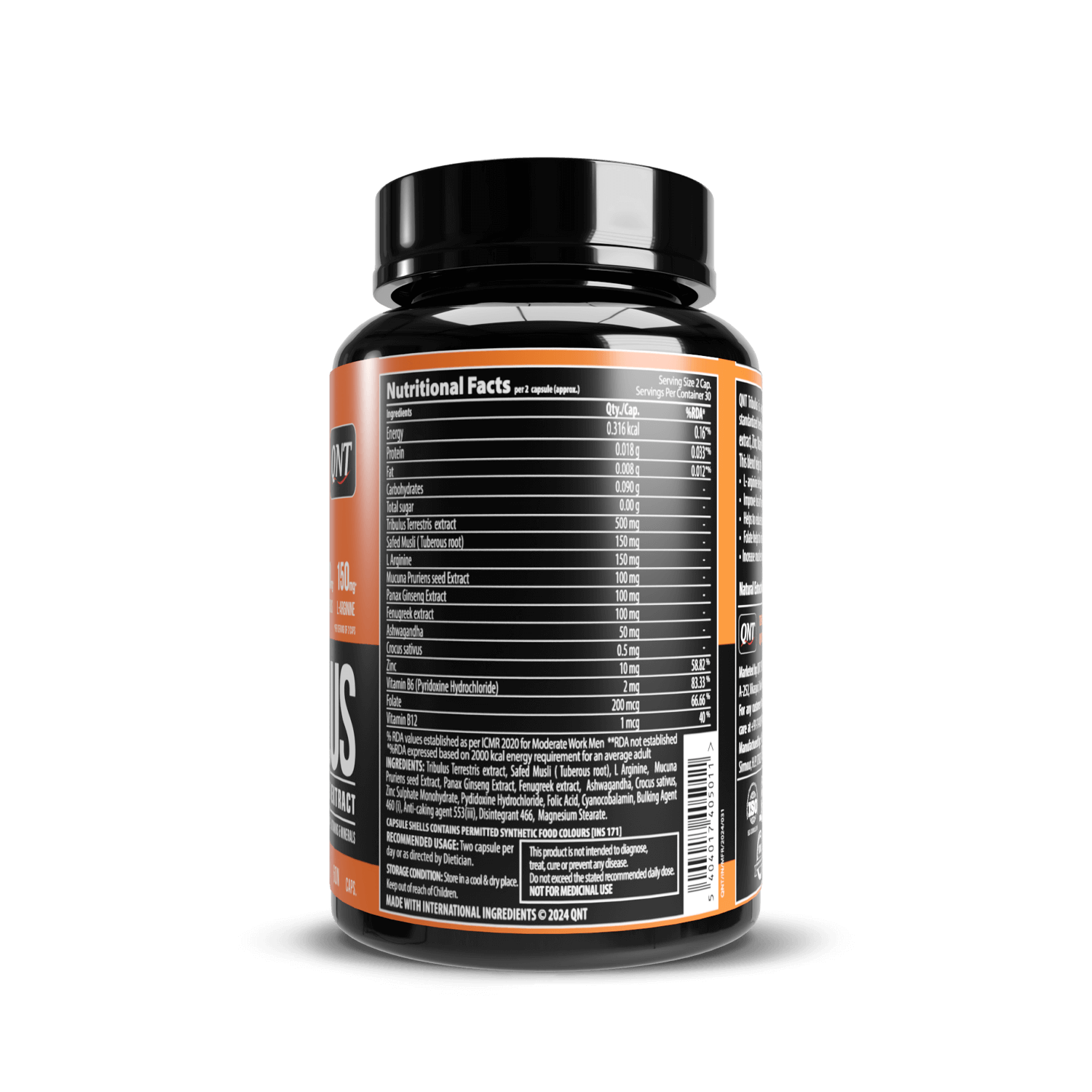Supplement bottle with nutritional facts label on a black background