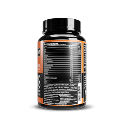 Supplement bottle with nutritional facts label on a black background