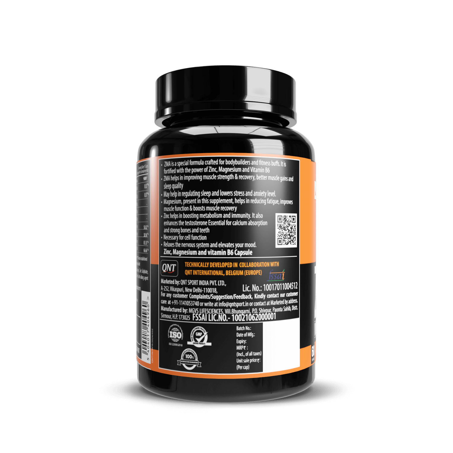 Black supplement bottle with orange label on a black background