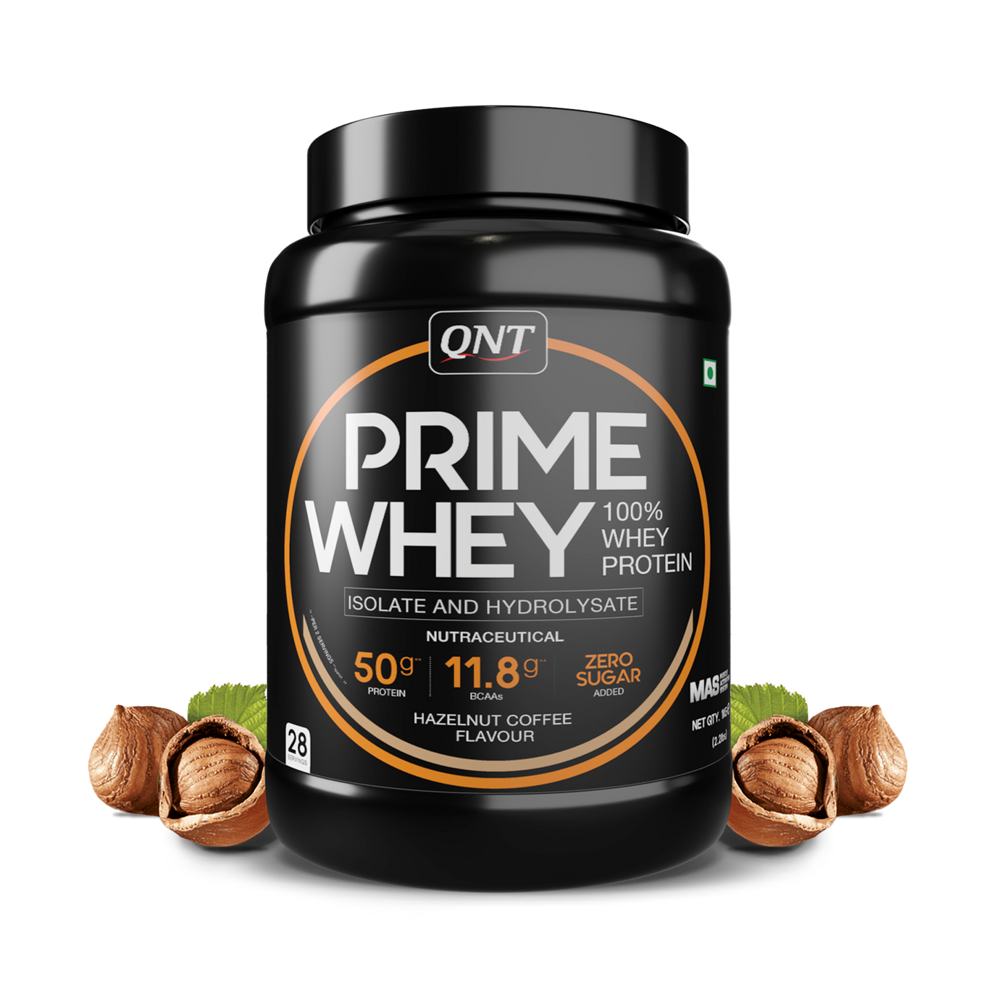 QNT Prime Whey protein powder container with hazelnuts on a white background