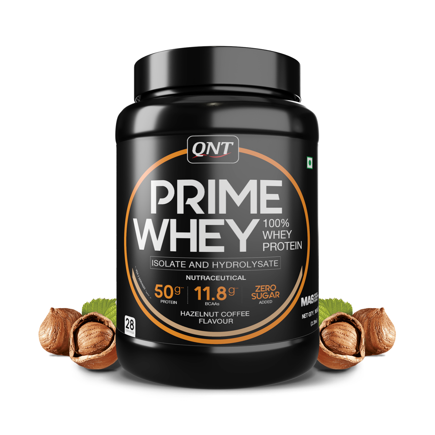 QNT Prime Whey protein powder container with hazelnuts on a white background