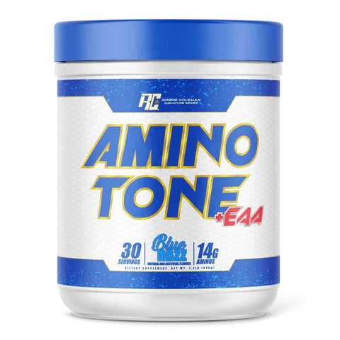 Amino Tone supplement container with blue and white design on a white background