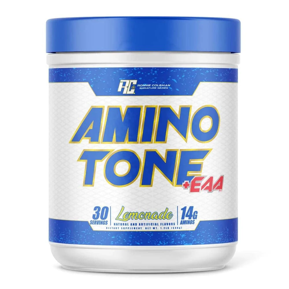 Amino Tone + EAA supplement container with blue and white design on a white background